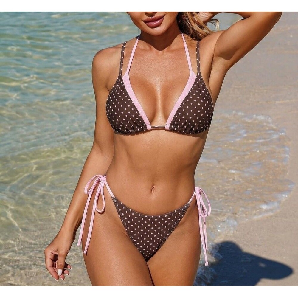 ZAFUL Polka Dot Halter String Bikini High Cut Swimsuit MEDIUM brown Pink